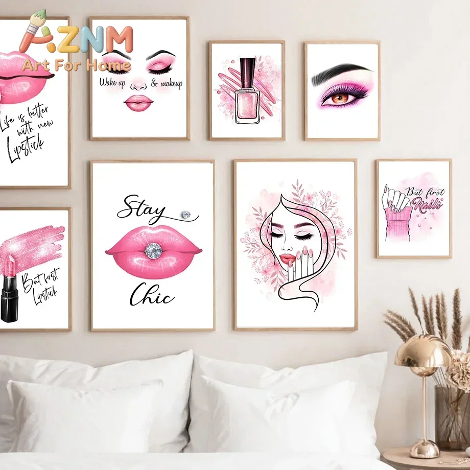 Beauty No Makeup - AZNM Frameless Canvas Wall Art Pink